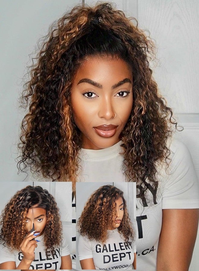 ISEE Hair Highlight Glueless Bob Wigs Human Hair Pre Plucked Pre Cut 2/30 Honey Blonde Curly Human Hair Wig for Black Women Ombre Water Wave 5x7 HD Lace Closure Wigs with Elastic Band 12 Inch - Image 4